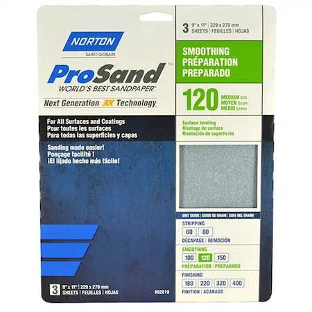 Norton Co 9" x 11" ProSand Sanding Sheet 120-Grit, PK 3 02619